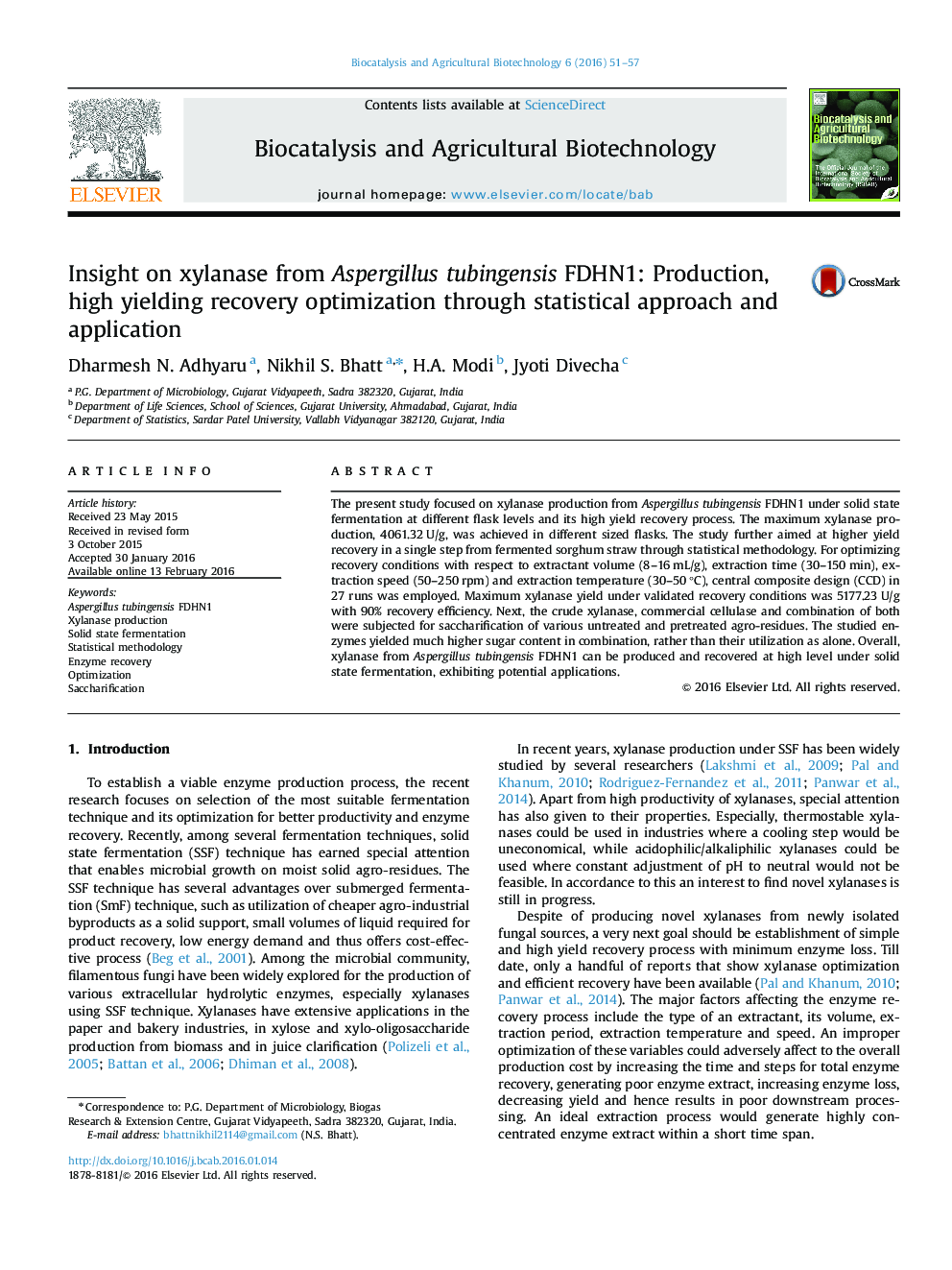 Insight on xylanase from Aspergillus tubingensis FDHN1: Production, high yielding recovery optimization through statistical approach and application
