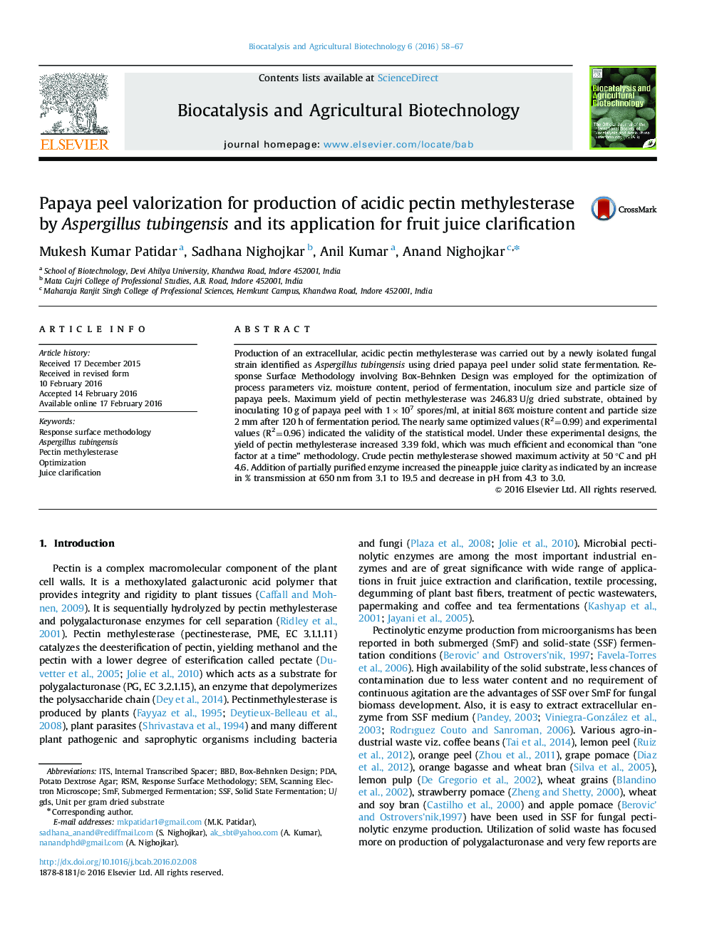 Papaya peel valorization for production of acidic pectin methylesterase by Aspergillus tubingensis and its application for fruit juice clarification