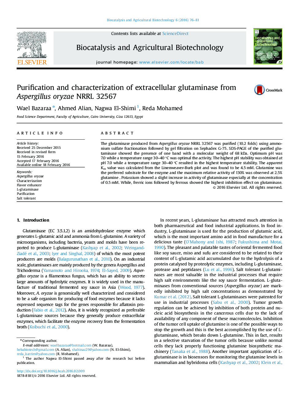 Purification and characterization of extracellular glutaminase from Aspergillus oryzae NRRL 32567