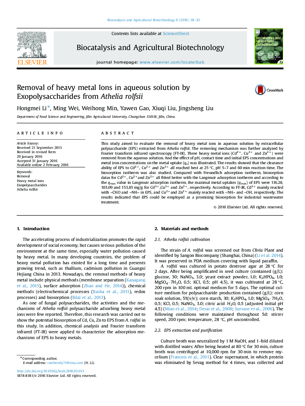 Removal of heavy metal Ions in aqueous solution by Exopolysaccharides from Athelia rolfsii