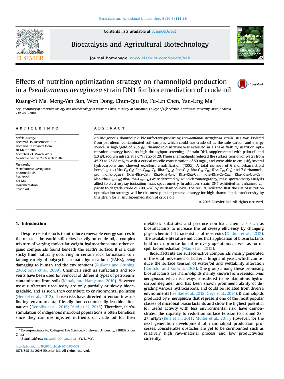 Effects of nutrition optimization strategy on rhamnolipid production in a Pseudomonas aeruginosa strain DN1 for bioremediation of crude oil