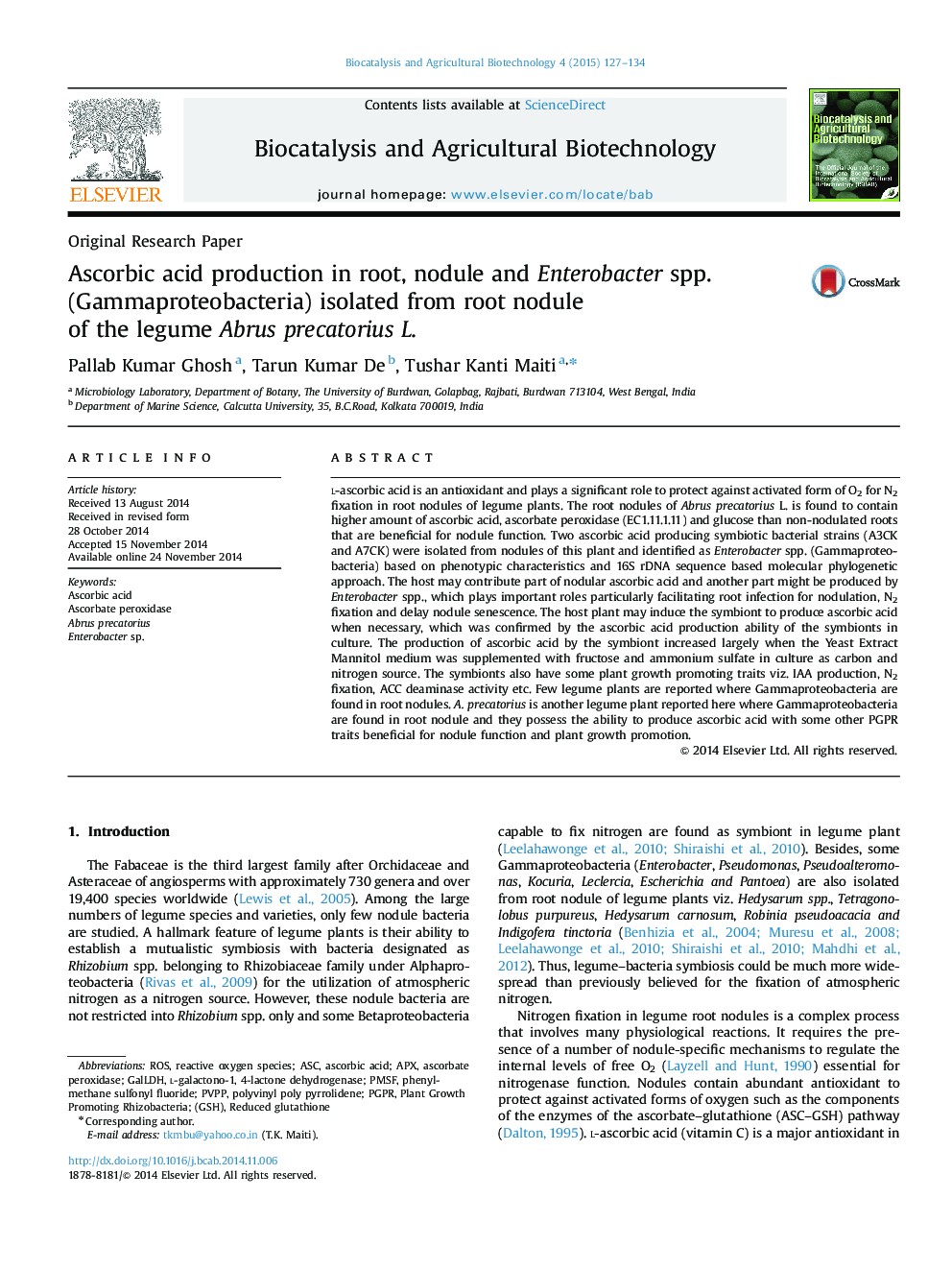 Ascorbic acid production in root, nodule and Enterobacter spp. (Gammaproteobacteria) isolated from root nodule of the legume Abrus precatorius L.