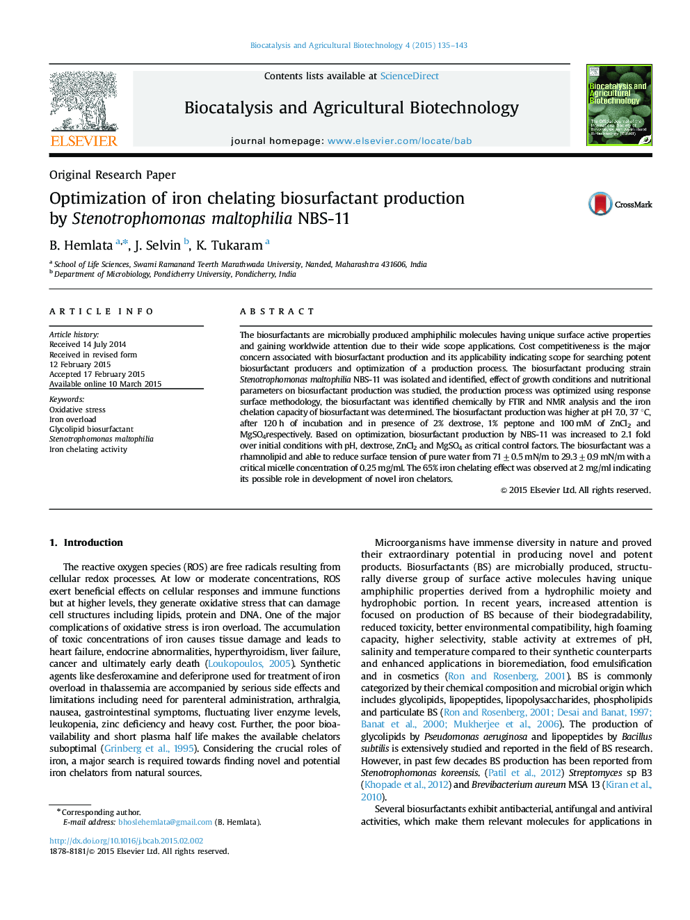 Optimization of iron chelating biosurfactant production by Stenotrophomonas maltophilia NBS-11