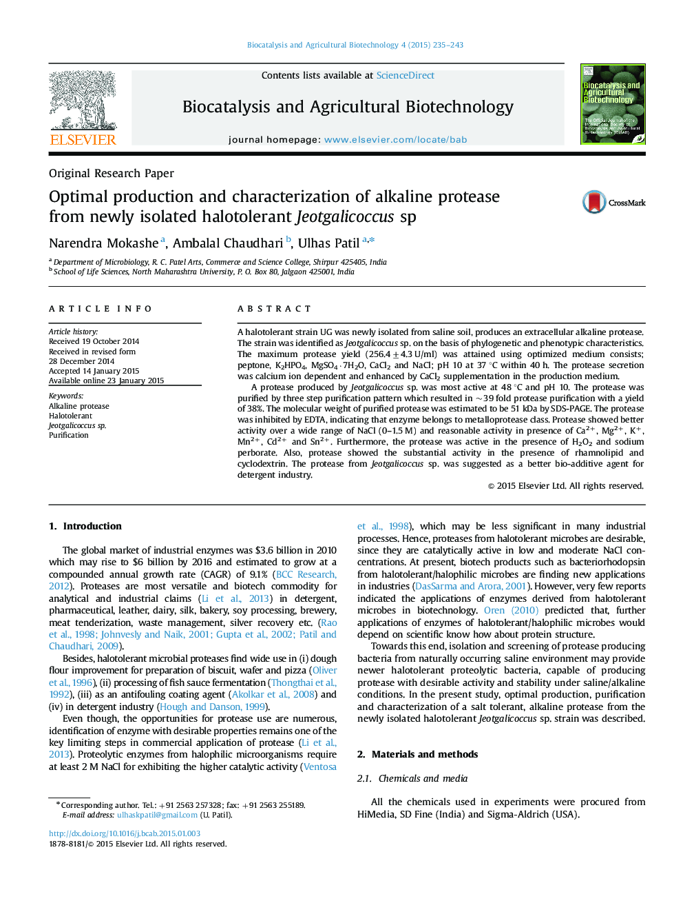 Optimal production and characterization of alkaline protease from newly isolated halotolerant Jeotgalicoccus sp