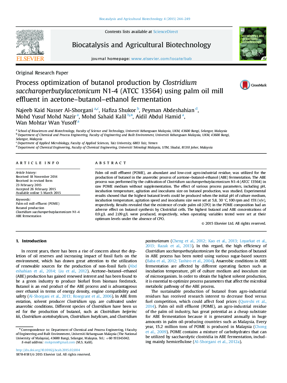 Process optimization of butanol production by Clostridium saccharoperbutylacetonicum N1-4 (ATCC 13564) using palm oil mill effluent in acetone–butanol–ethanol fermentation