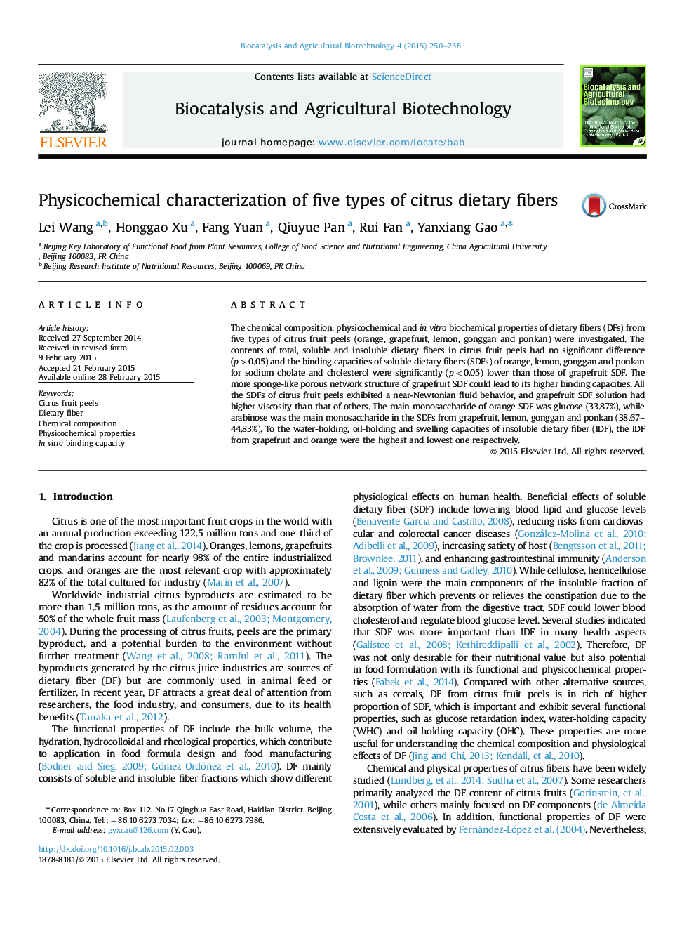 Physicochemical characterization of five types of citrus dietary fibers