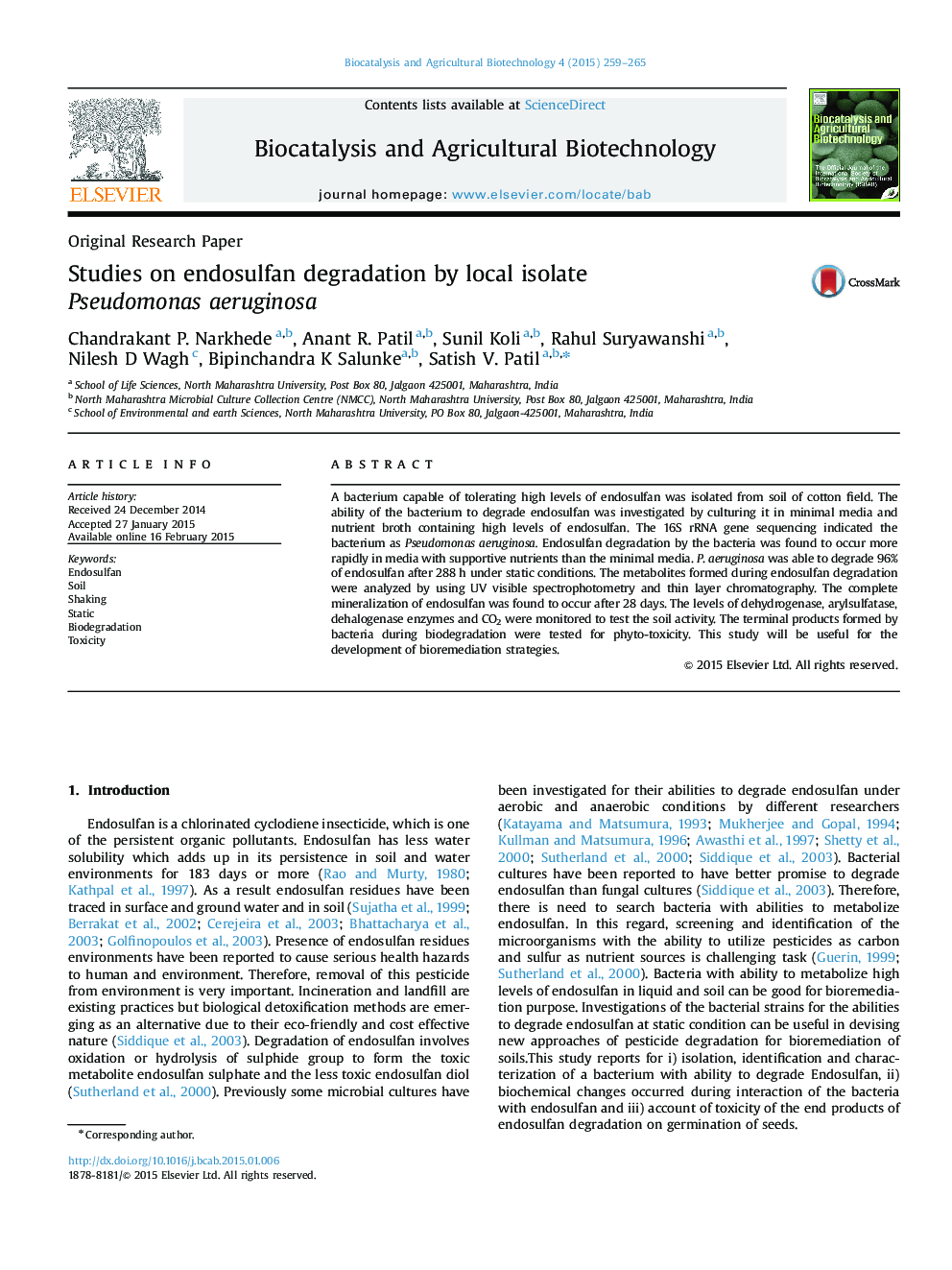 Studies on endosulfan degradation by local isolate Pseudomonas aeruginosa