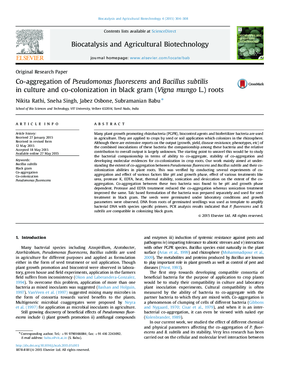 Co-aggregation of Pseudomonas fluorescens and Bacillus subtilis in culture and co-colonization in black gram (Vigna mungo L.) roots