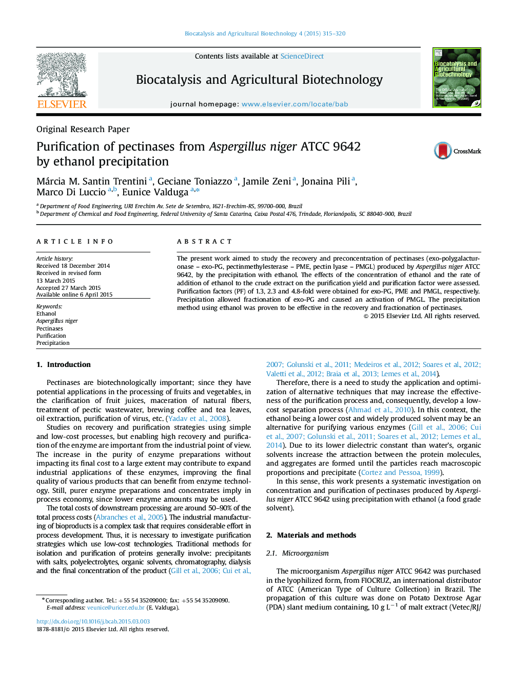 Purification of pectinases from Aspergillus niger ATCC 9642 by ethanol precipitation