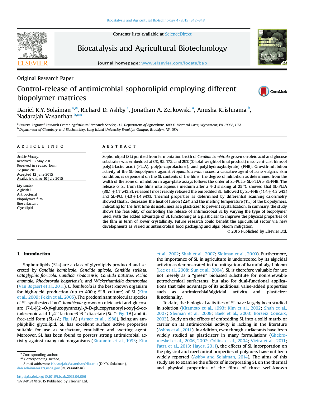 Control-release of antimicrobial sophorolipid employing different biopolymer matrices