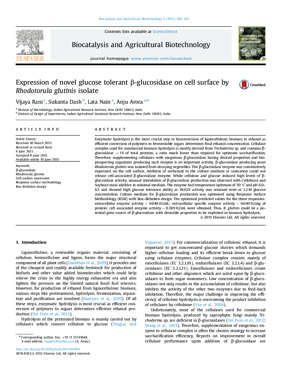 Expression of novel glucose tolerant Î²-glucosidase on cell surface by Rhodotorula glutinis isolate