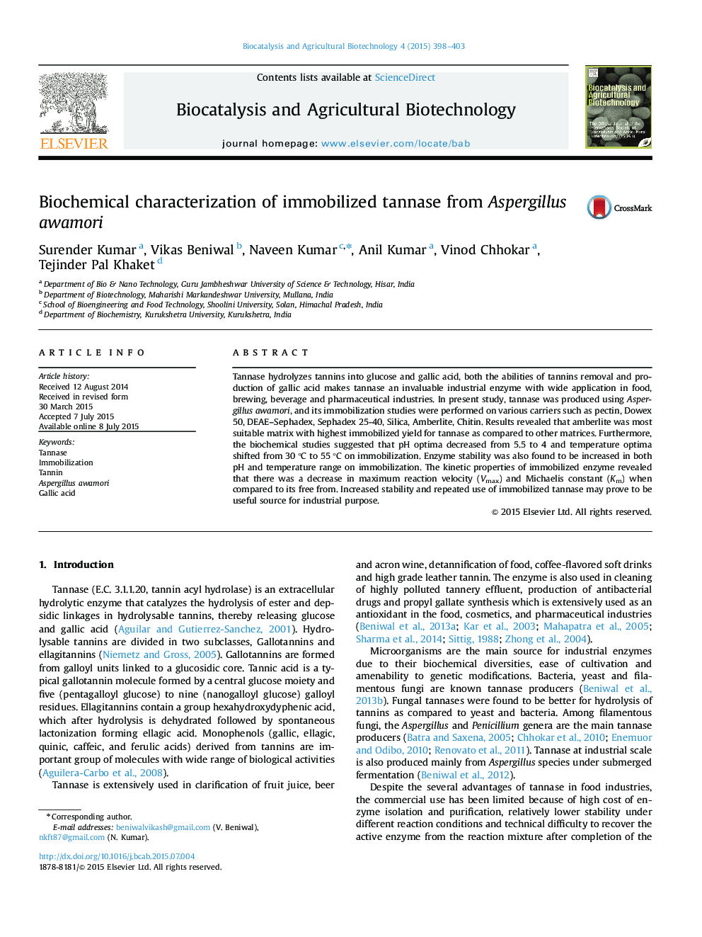 Biochemical characterization of immobilized tannase from Aspergillus awamori