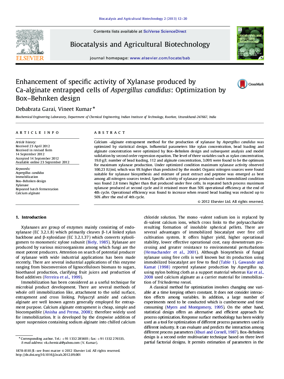 Enhancement of specific activity of Xylanase produced by Ca-alginate entrapped cells of Aspergillus candidus: Optimization by Box-Behnken design