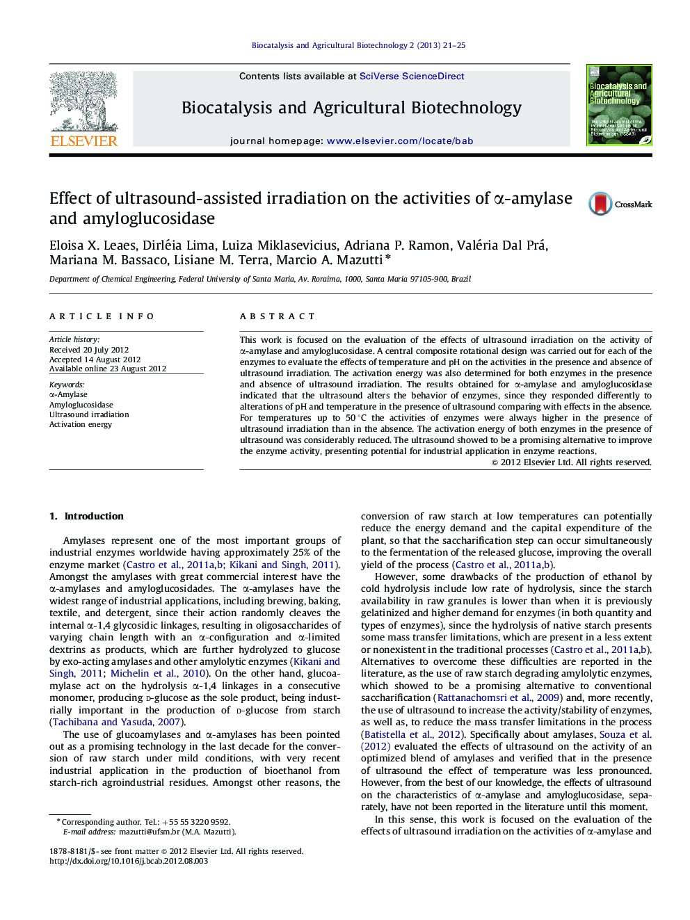 Effect of ultrasound-assisted irradiation on the activities of α-amylase and amyloglucosidase