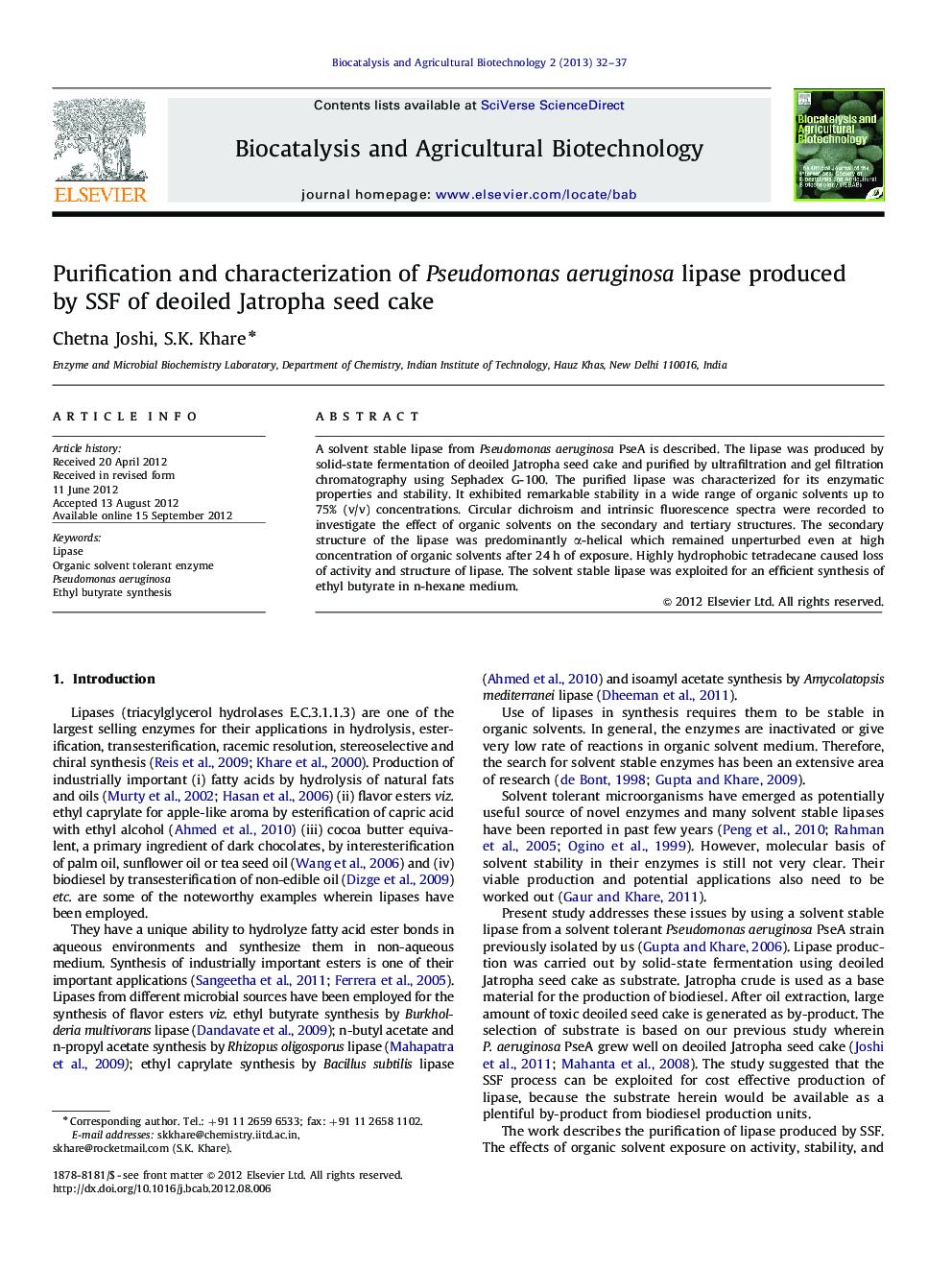 Purification and characterization of Pseudomonas aeruginosa lipase produced by SSF of deoiled Jatropha seed cake