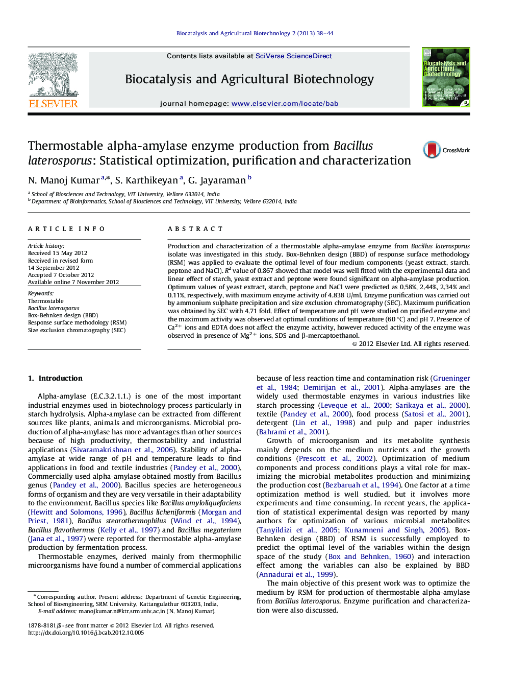 Thermostable alpha-amylase enzyme production from Bacillus laterosporus: Statistical optimization, purification and characterization