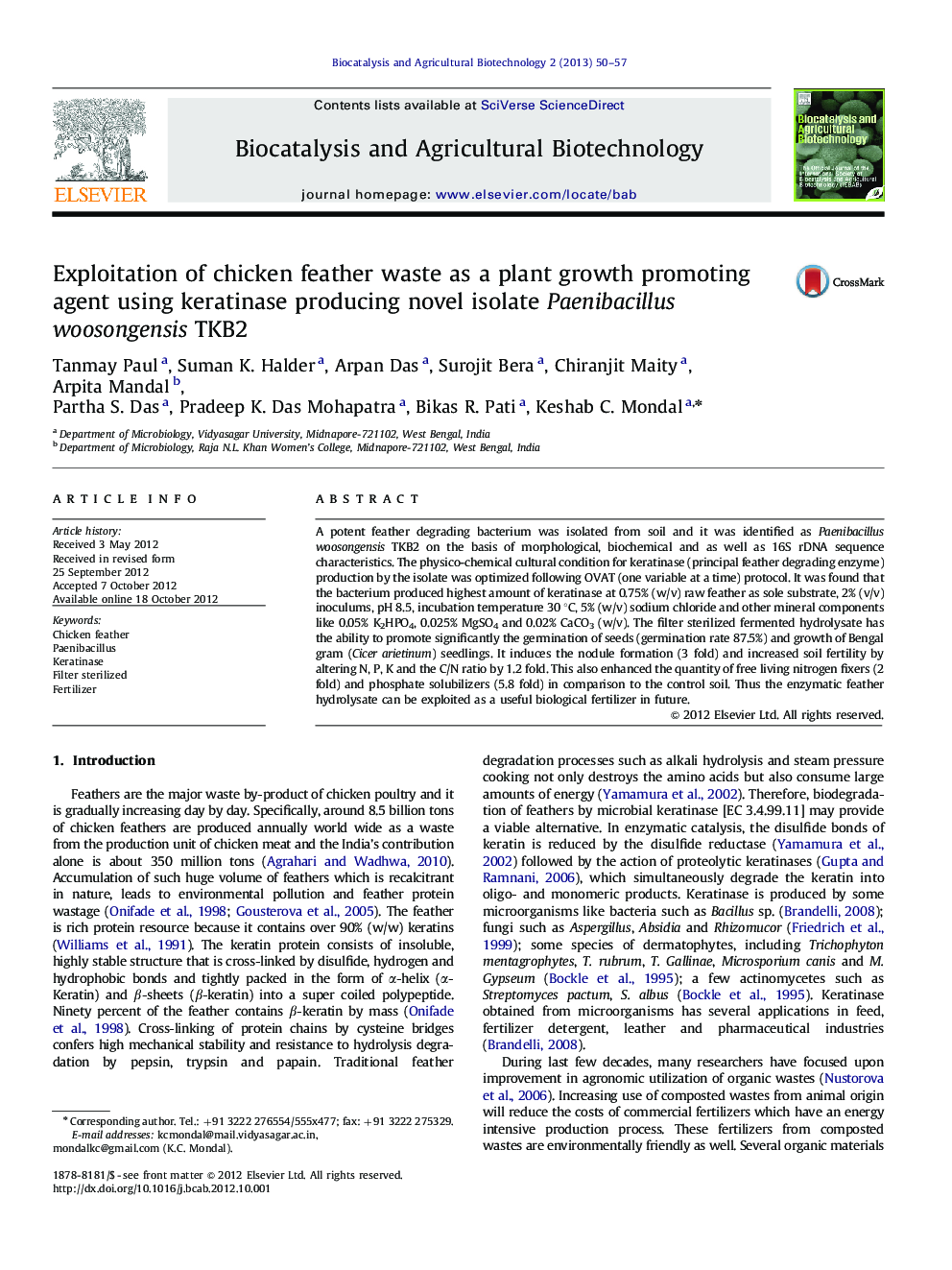 Exploitation of chicken feather waste as a plant growth promoting agent using keratinase producing novel isolate Paenibacillus woosongensis TKB2