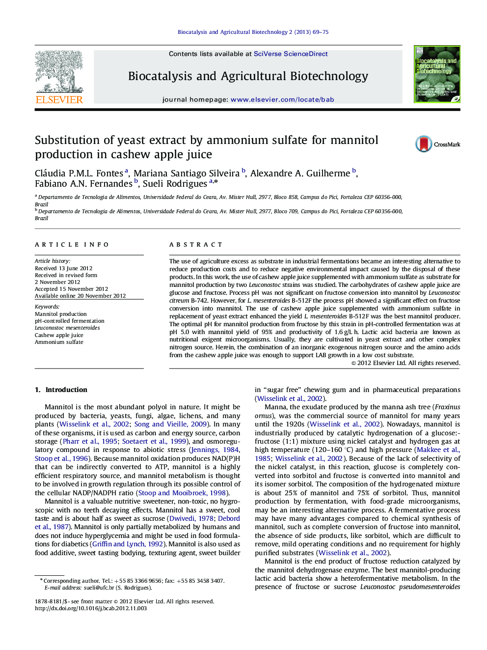 Substitution of yeast extract by ammonium sulfate for mannitol production in cashew apple juice