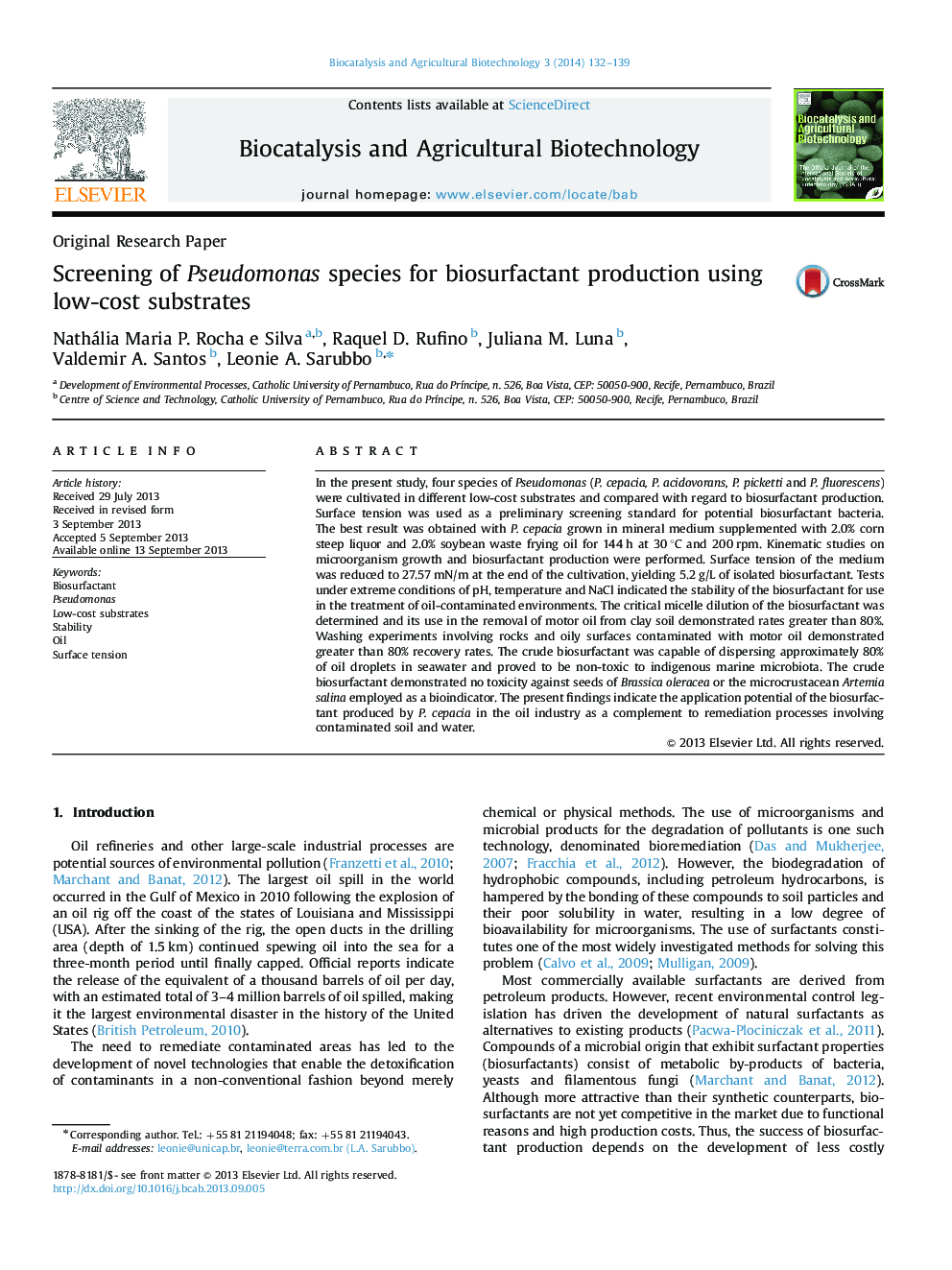 Screening of Pseudomonas species for biosurfactant production using low-cost substrates
