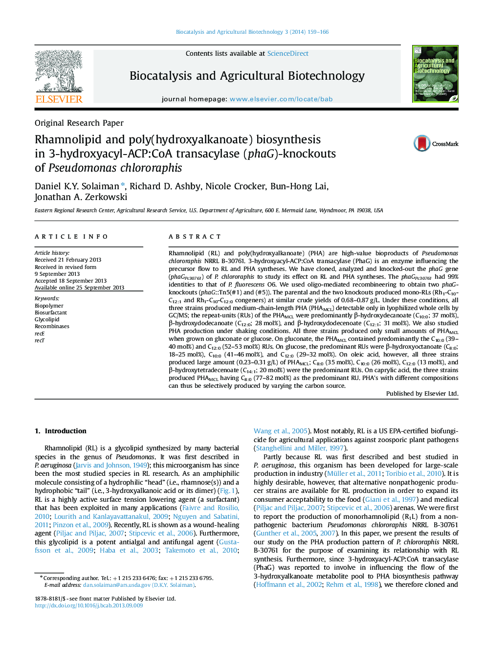 Rhamnolipid and poly(hydroxyalkanoate) biosynthesis in 3-hydroxyacyl-ACP:CoA transacylase (phaG)-knockouts of Pseudomonas chlororaphis