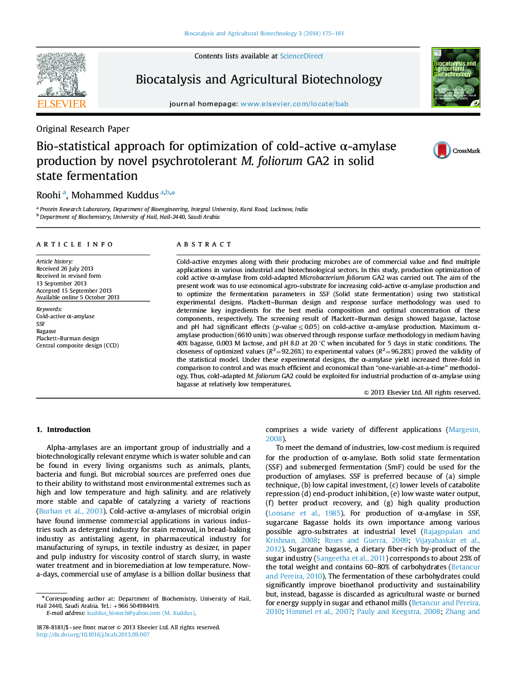 Bio-statistical approach for optimization of cold-active α-amylase production by novel psychrotolerant M. foliorum GA2 in solid state fermentation