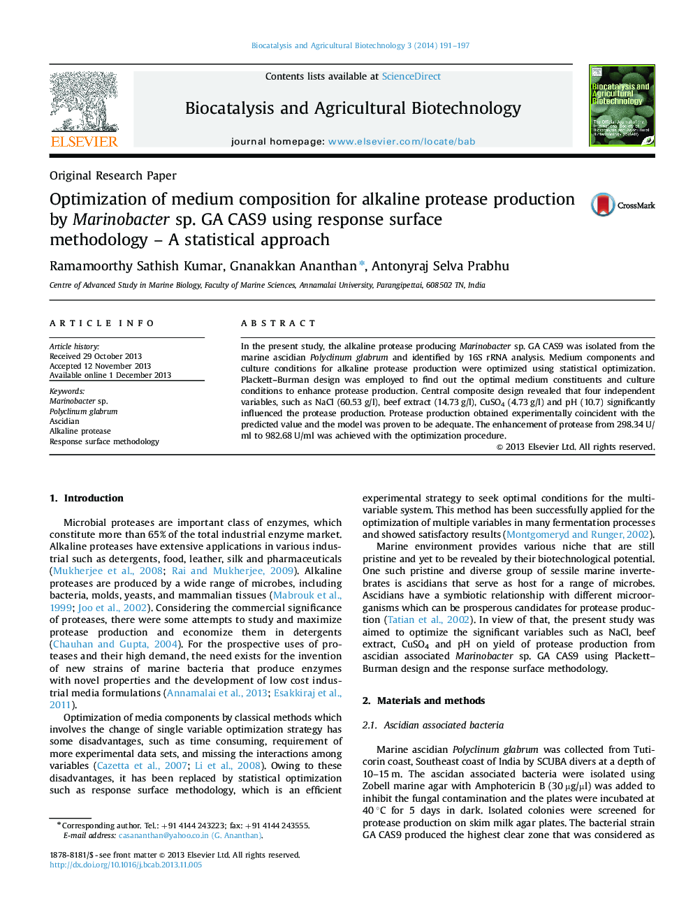 Optimization of medium composition for alkaline protease production by Marinobacter sp. GA CAS9 using response surface methodology – A statistical approach