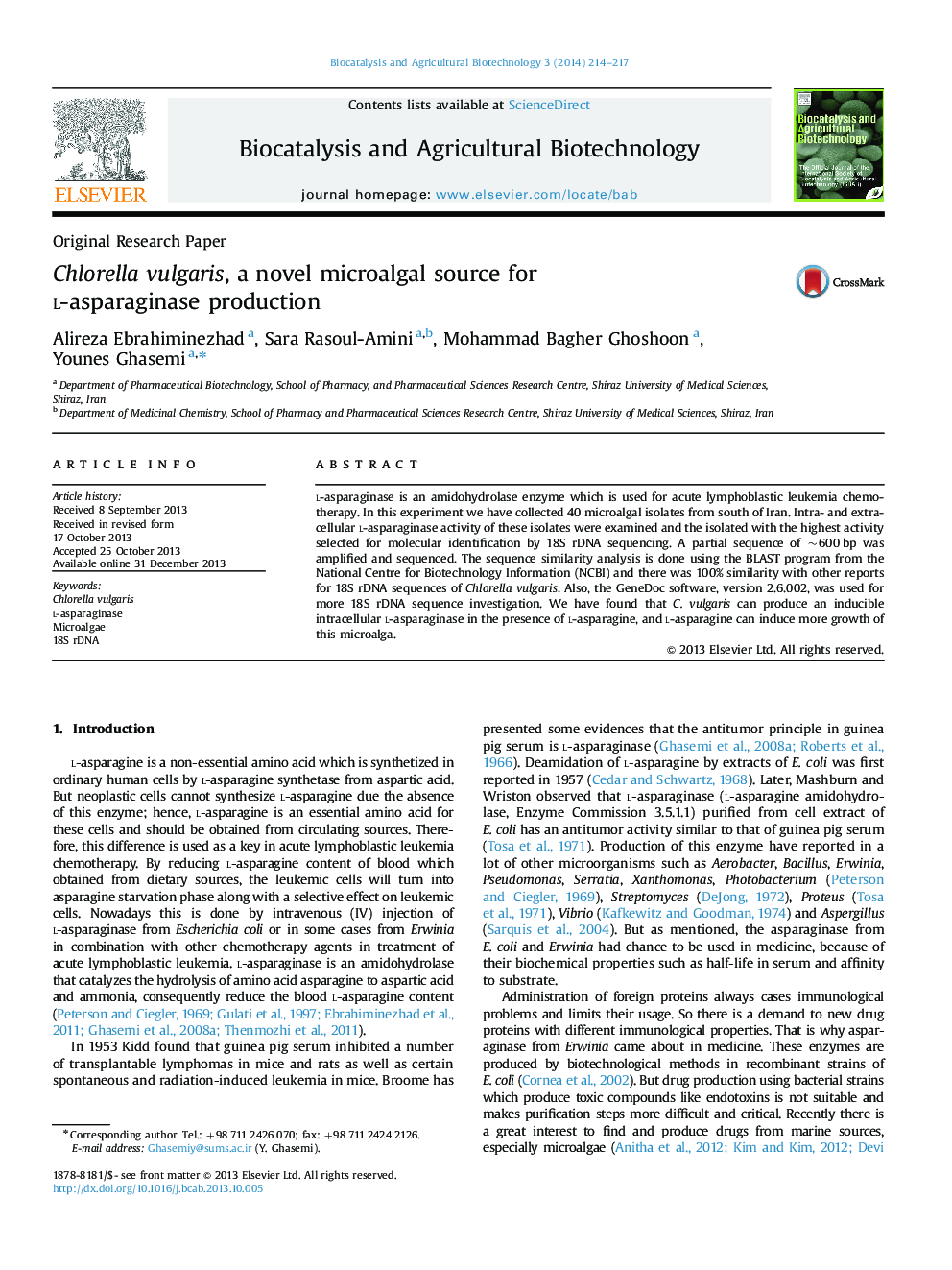 Chlorella vulgaris, a novel microalgal source for l-asparaginase production