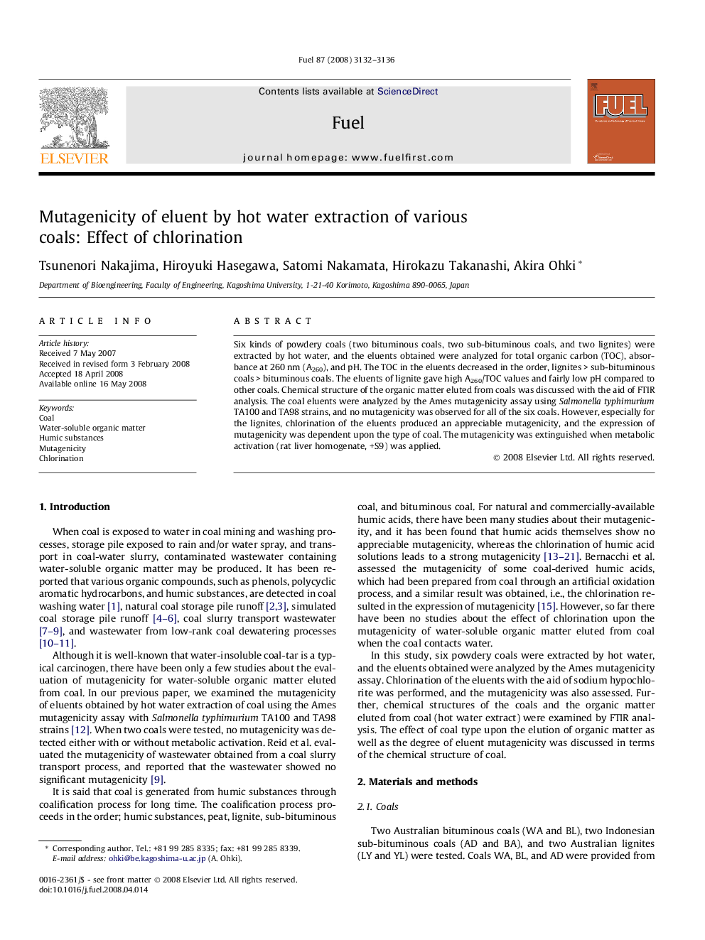 Mutagenicity of eluent by hot water extraction of various coals: Effect of chlorination