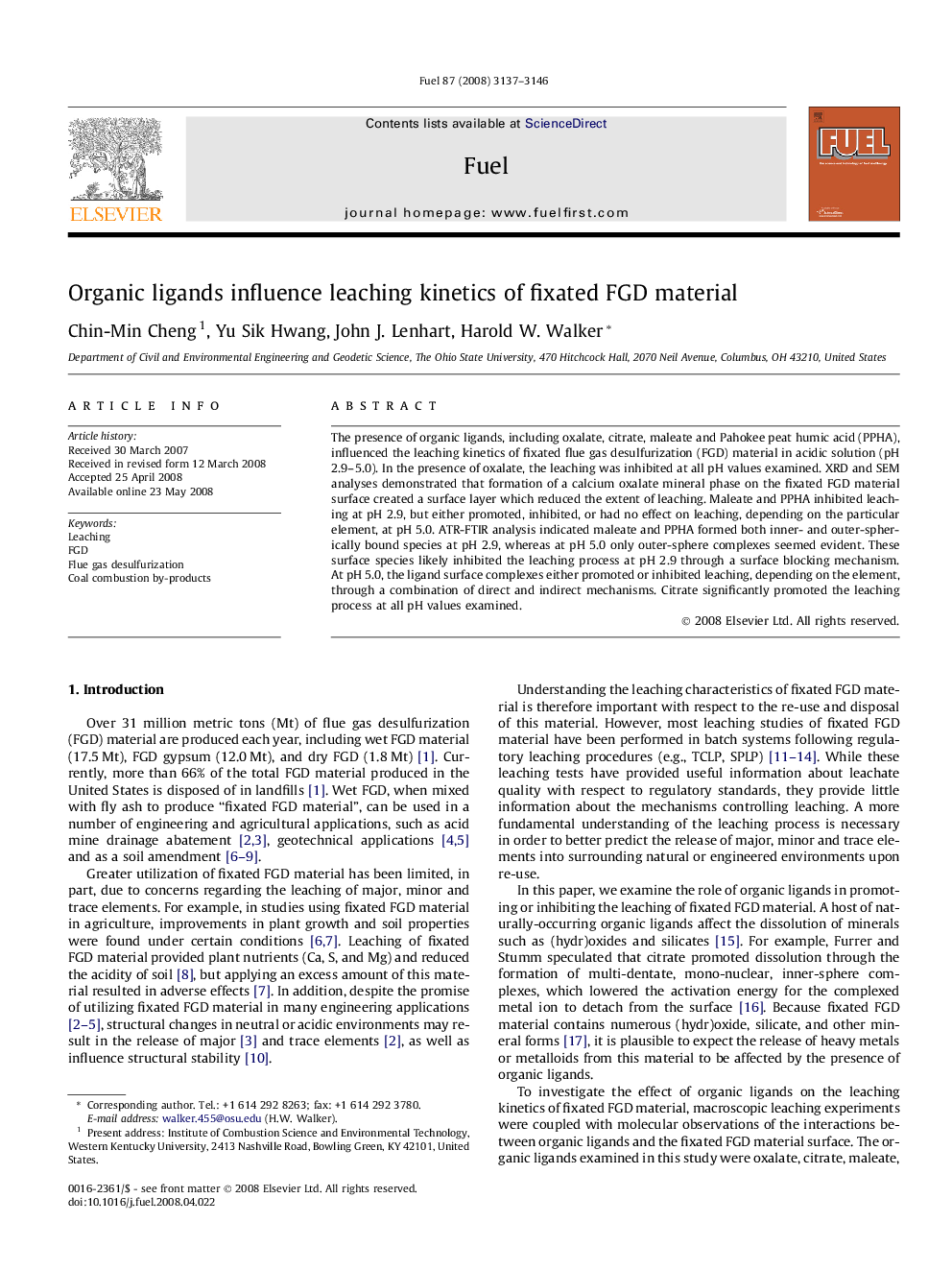 Organic ligands influence leaching kinetics of fixated FGD material