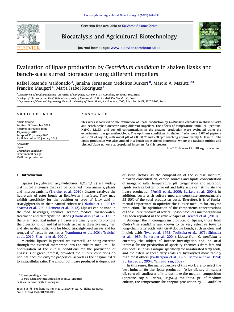 Evaluation of lipase production by Geotrichum candidum in shaken flasks and bench-scale stirred bioreactor using different impellers