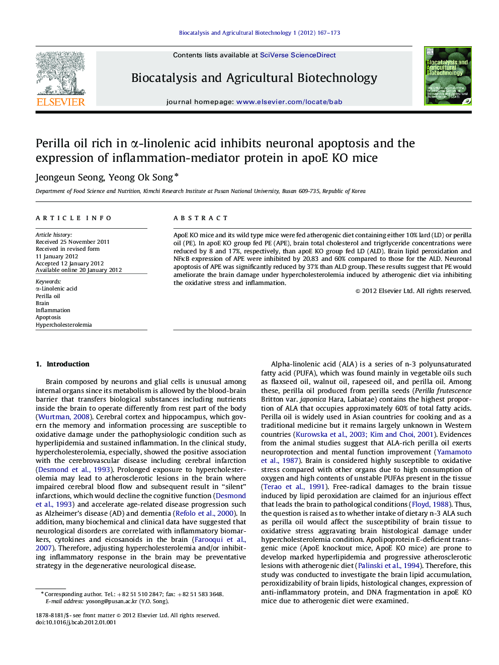 Perilla oil rich in α-linolenic acid inhibits neuronal apoptosis and the expression of inflammation-mediator protein in apoE KO mice