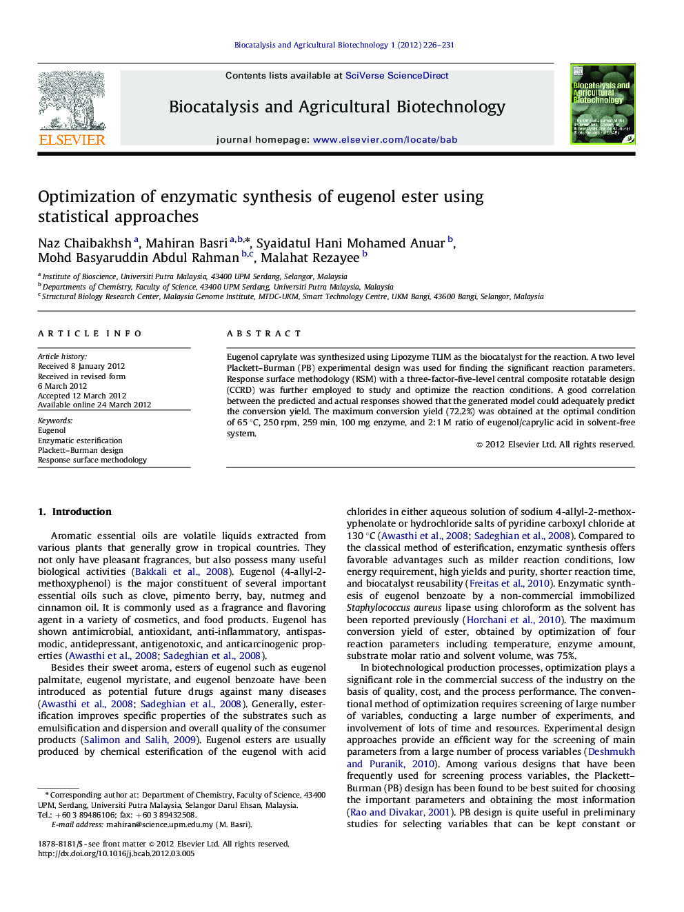 Optimization of enzymatic synthesis of eugenol ester using statistical approaches