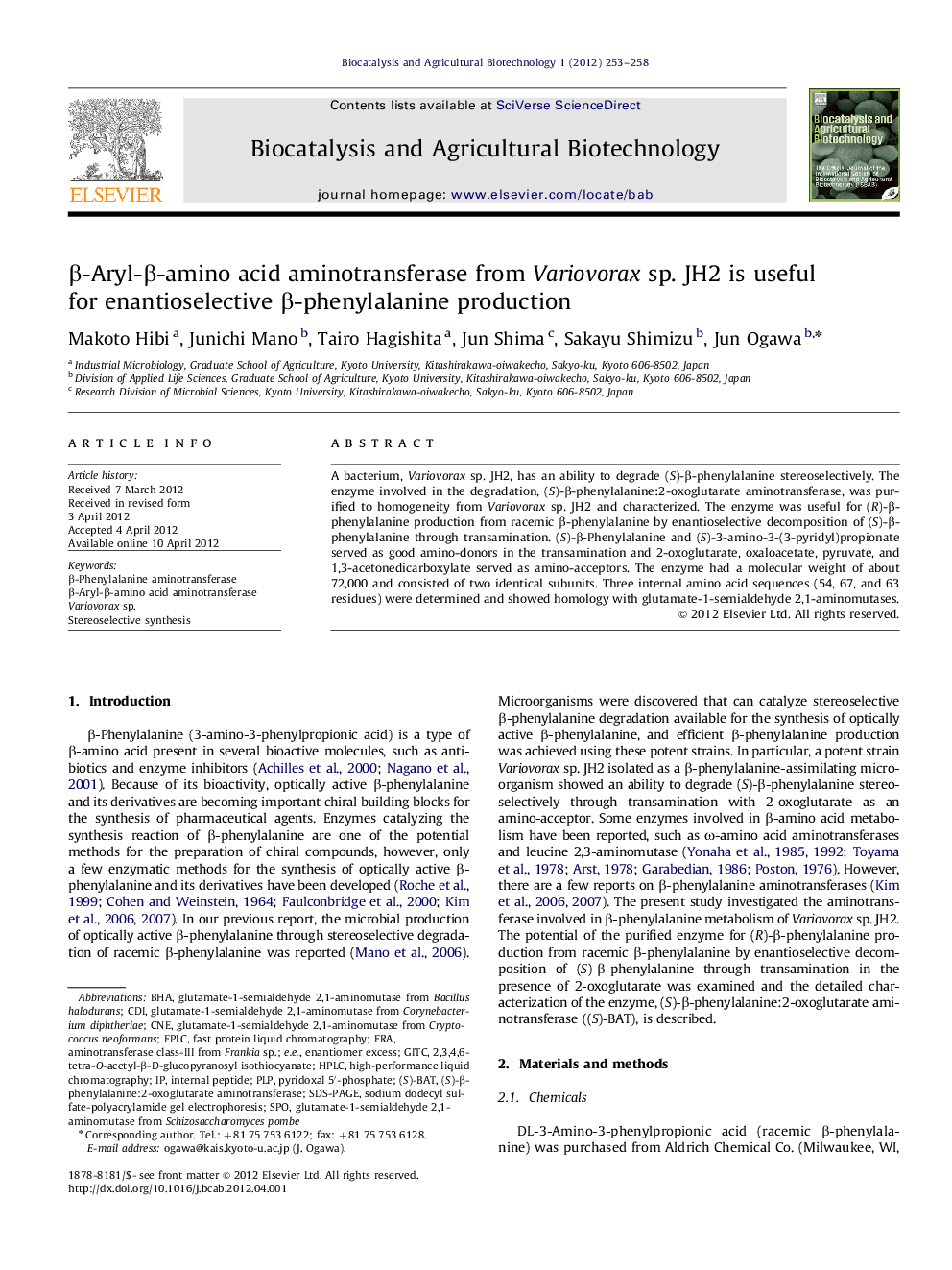 β-Aryl-β-amino acid aminotransferase from Variovorax sp. JH2 is useful for enantioselective β-phenylalanine production