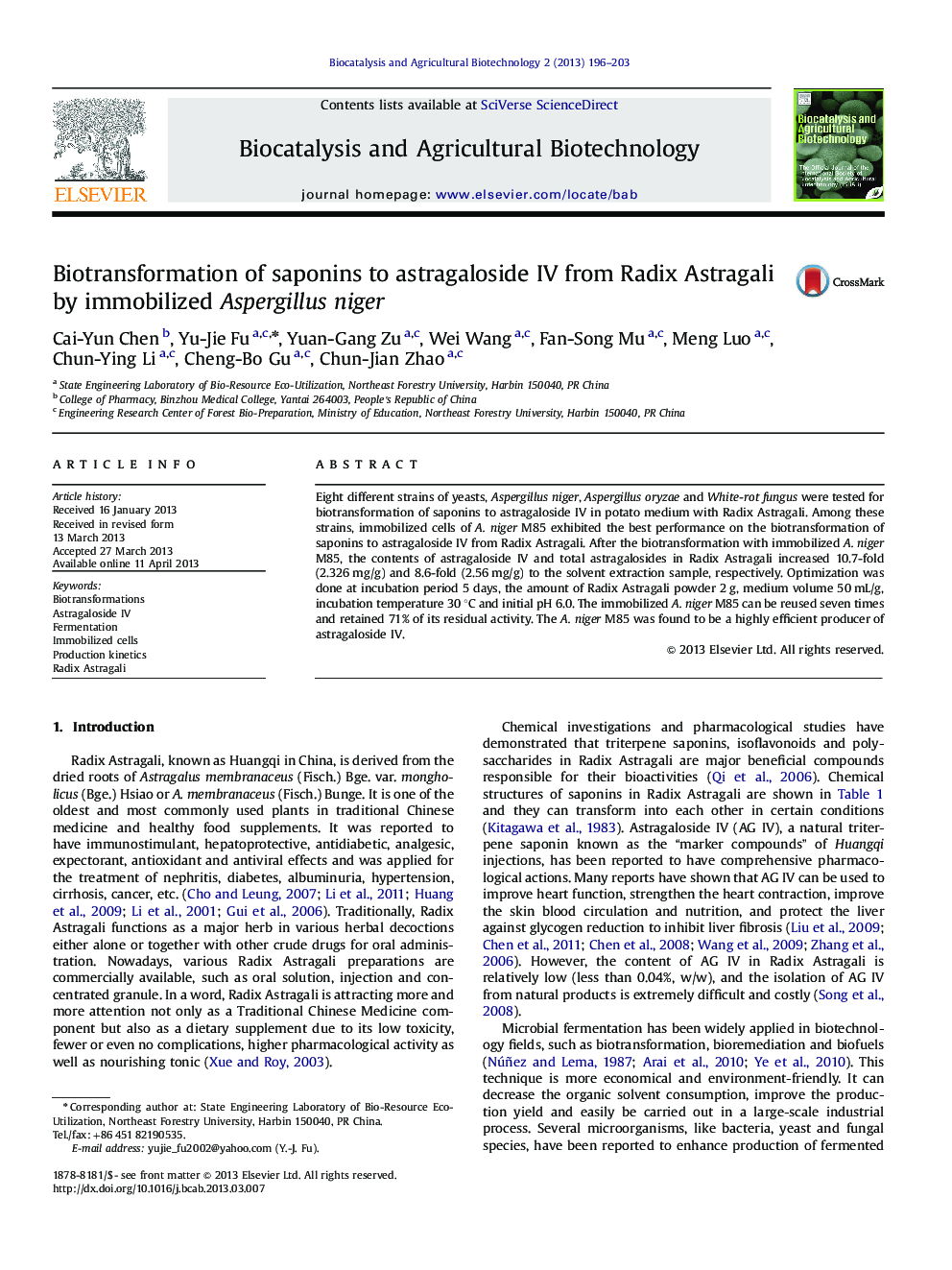 Biotransformation of saponins to astragaloside IV from Radix Astragali by immobilized Aspergillus niger