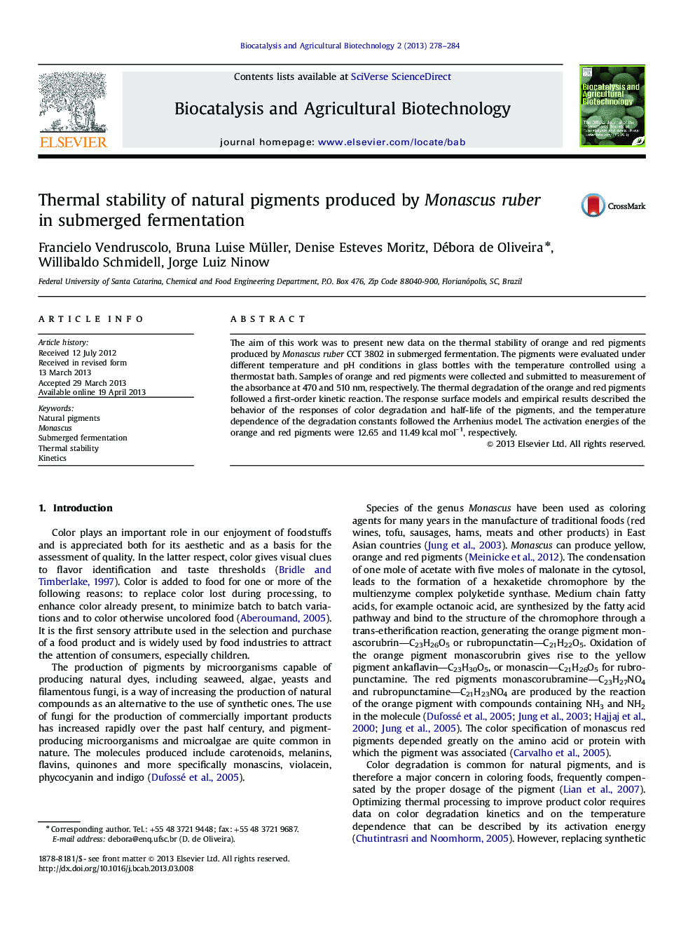 Thermal stability of natural pigments produced by Monascus ruber in submerged fermentation