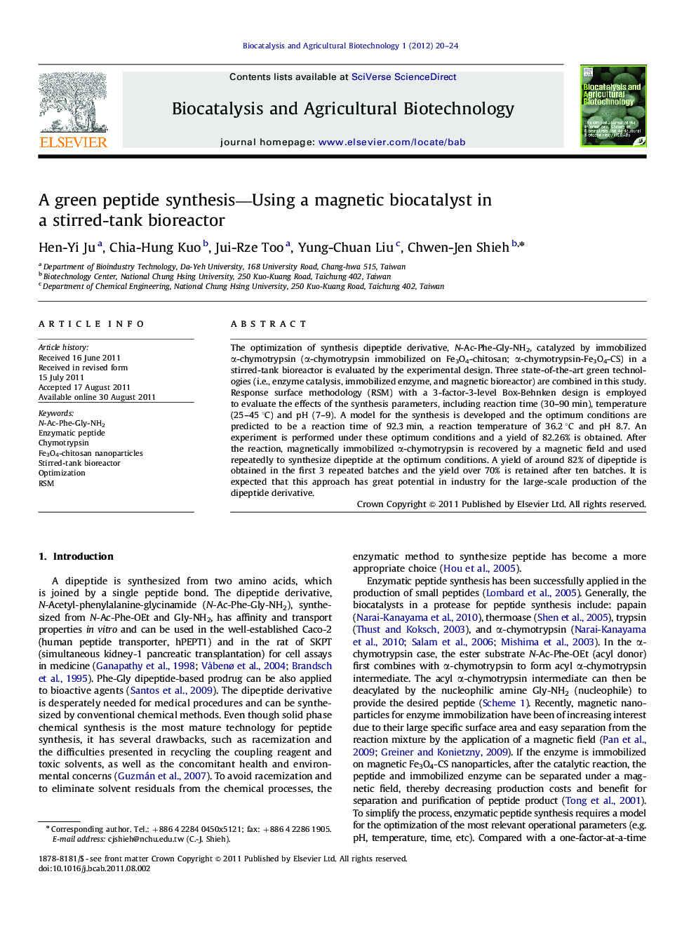 A green peptide synthesis—Using a magnetic biocatalyst in a stirred-tank bioreactor