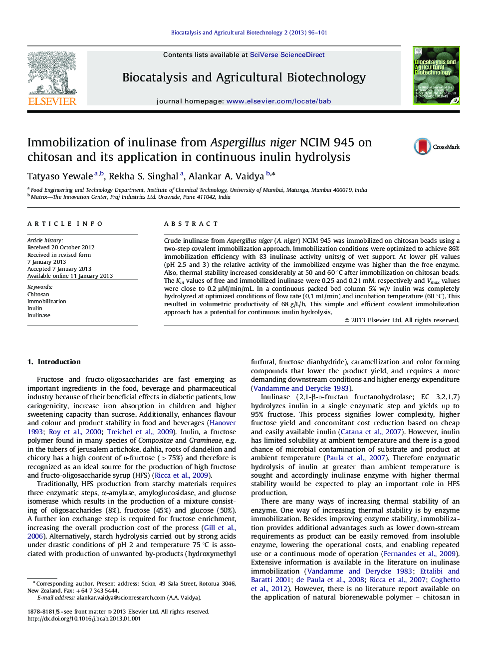 Immobilization of inulinase from Aspergillus niger NCIM 945 on chitosan and its application in continuous inulin hydrolysis