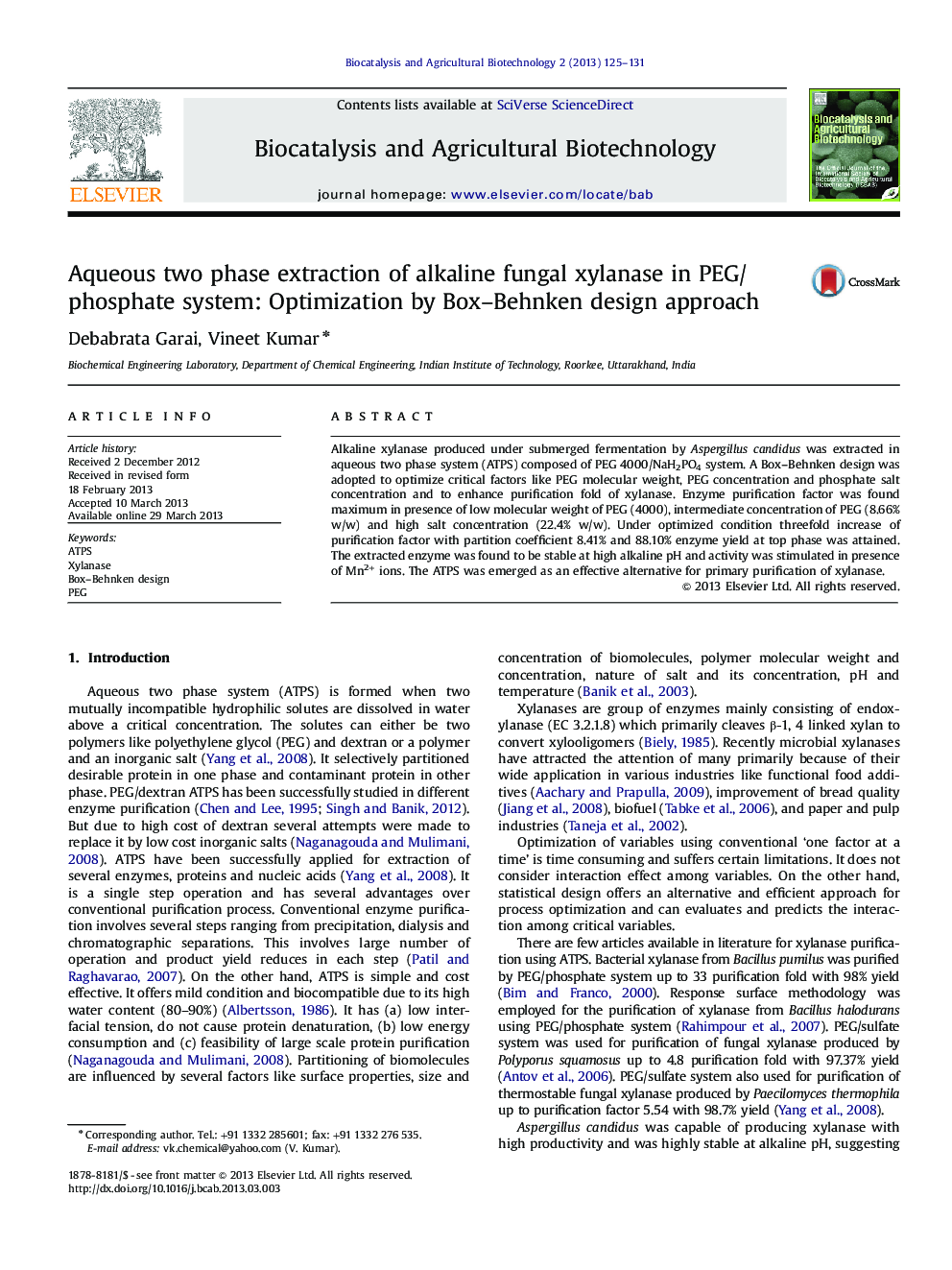 Aqueous two phase extraction of alkaline fungal xylanase in PEG/phosphate system: Optimization by Box–Behnken design approach
