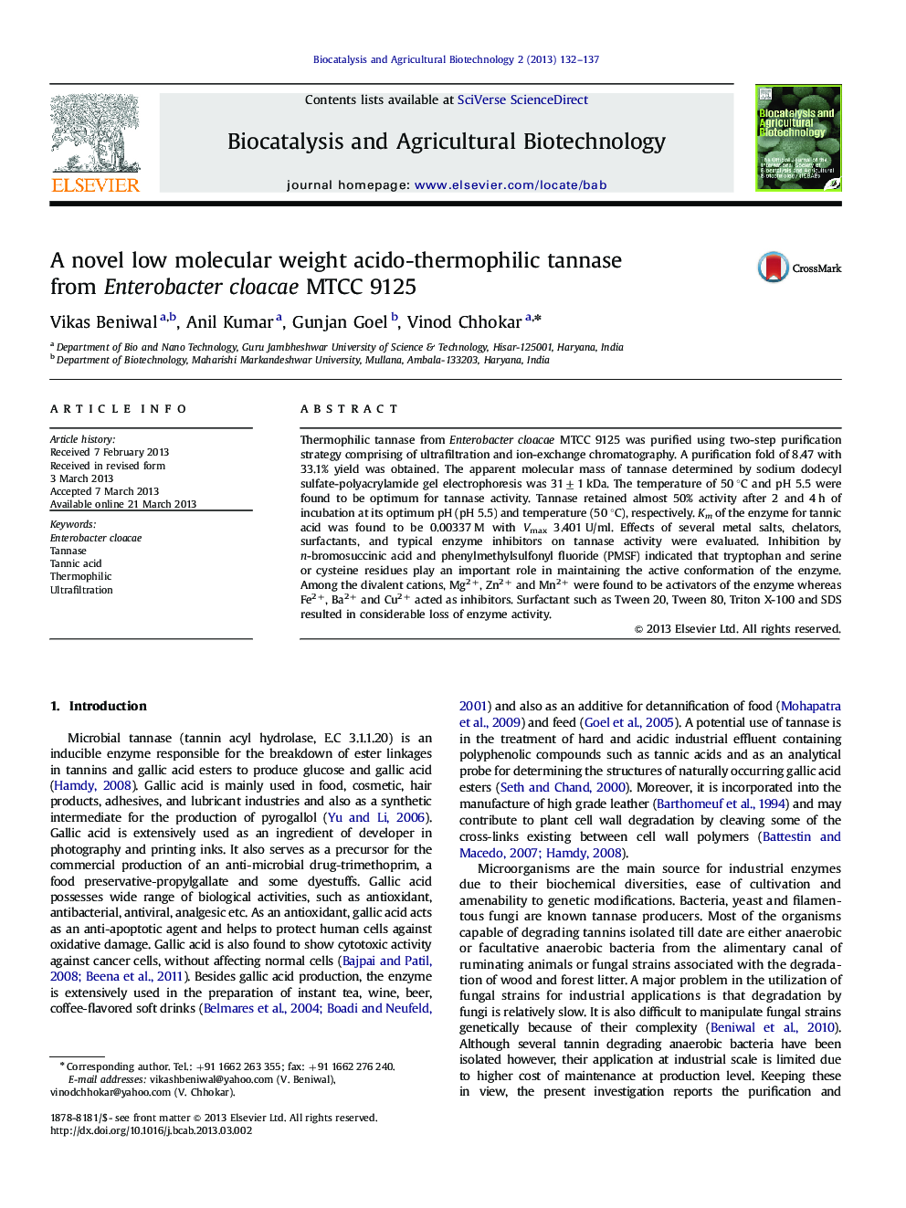 A novel low molecular weight acido-thermophilic tannase from Enterobacter cloacae MTCC 9125