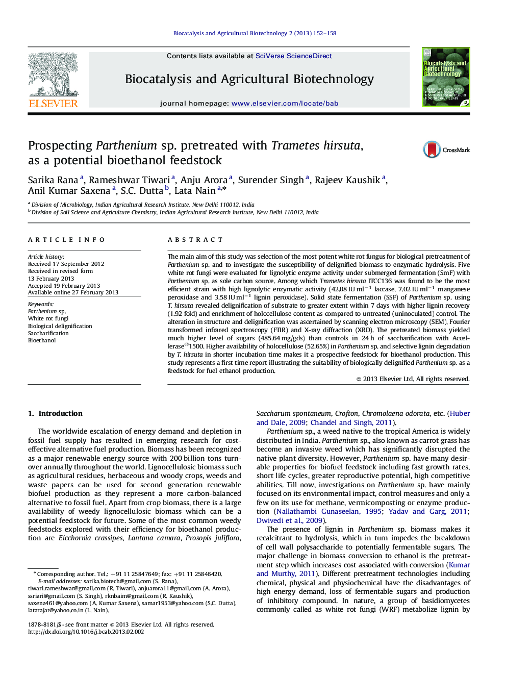 Prospecting Parthenium sp. pretreated with Trametes hirsuta, as a potential bioethanol feedstock