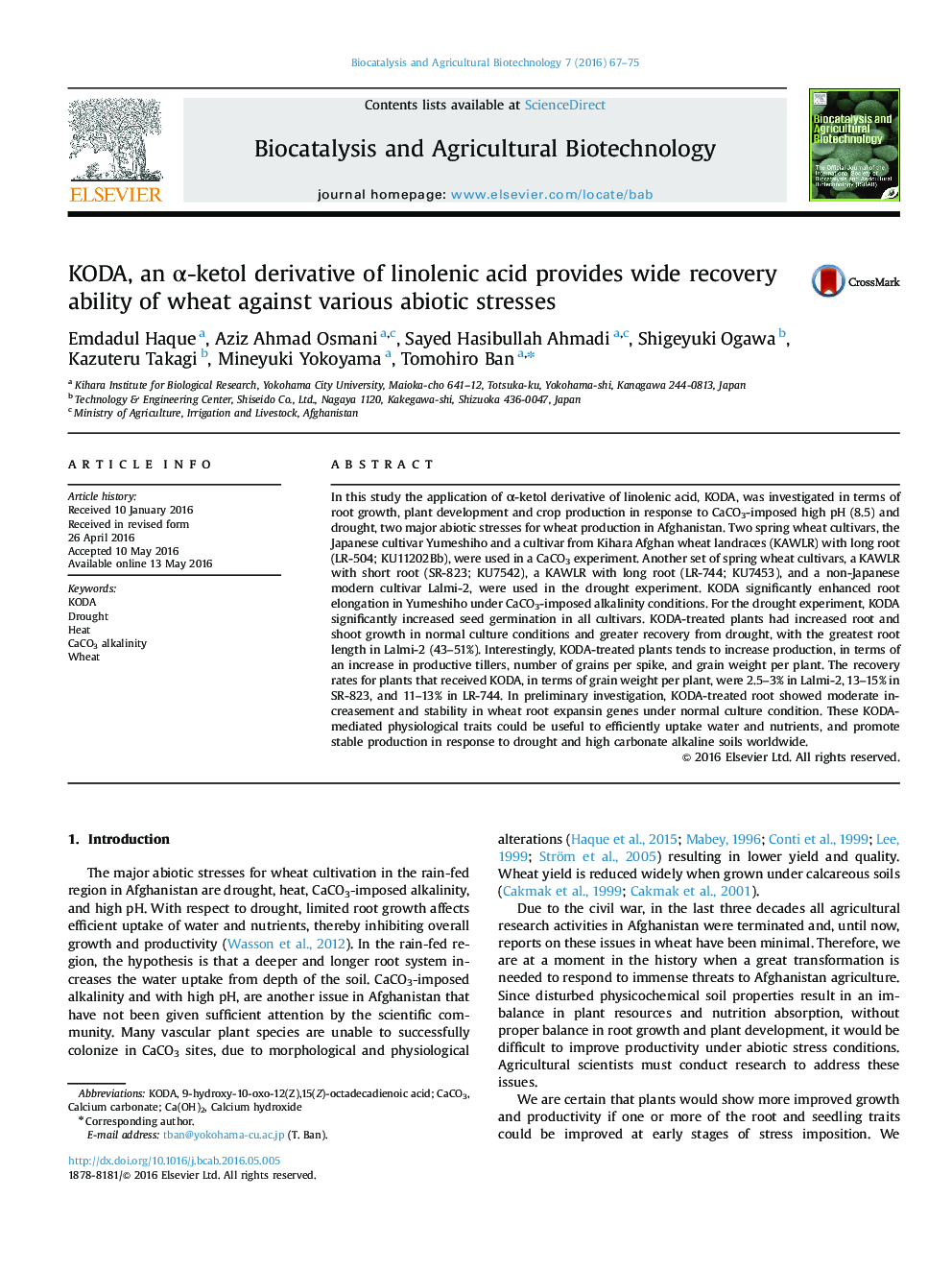 KODA, an α-ketol derivative of linolenic acid provides wide recovery ability of wheat against various abiotic stresses