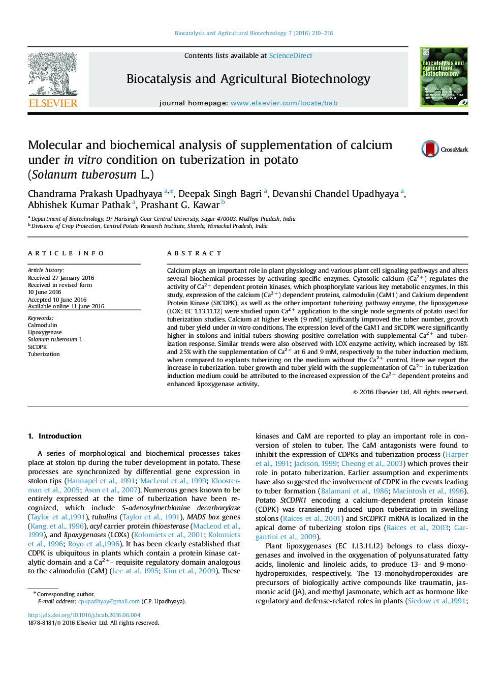 Molecular and biochemical analysis of supplementation of calcium under in vitro condition on tuberization in potato (Solanum tuberosum L.)