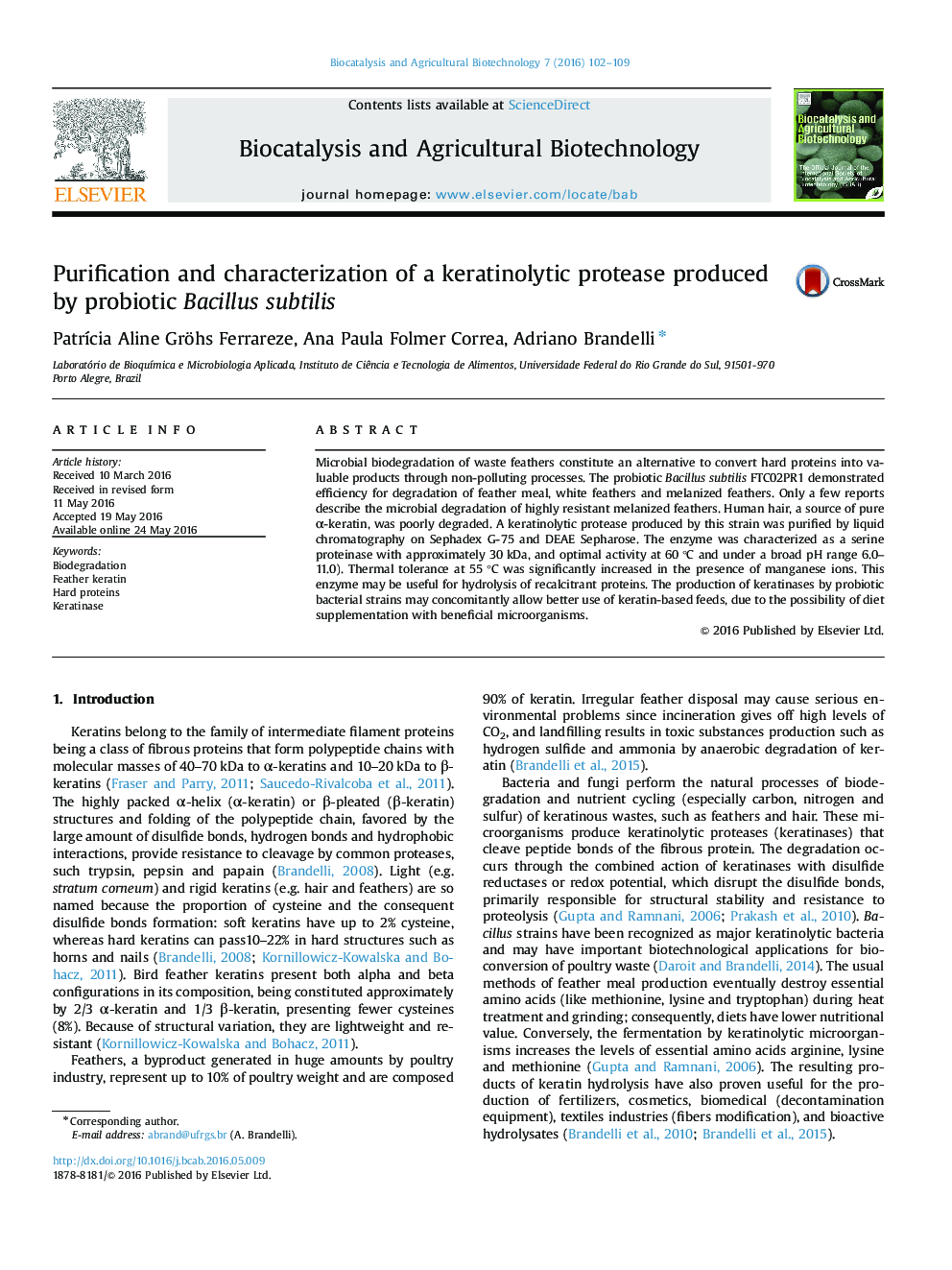 Purification and characterization of a keratinolytic protease produced by probiotic Bacillus subtilis