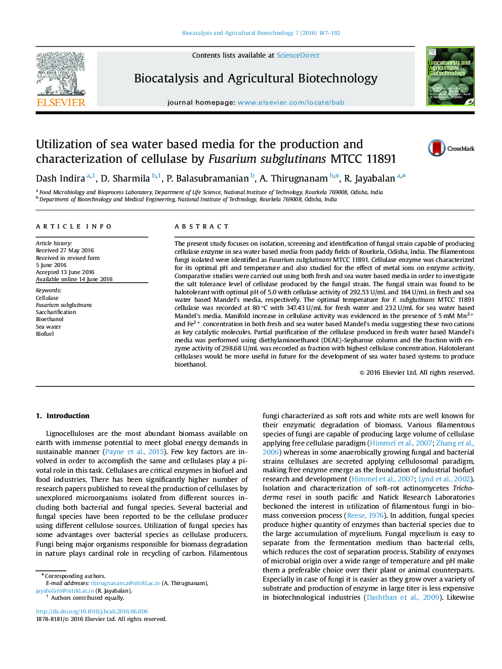 Utilization of sea water based media for the production and characterization of cellulase by Fusarium subglutinans MTCC 11891