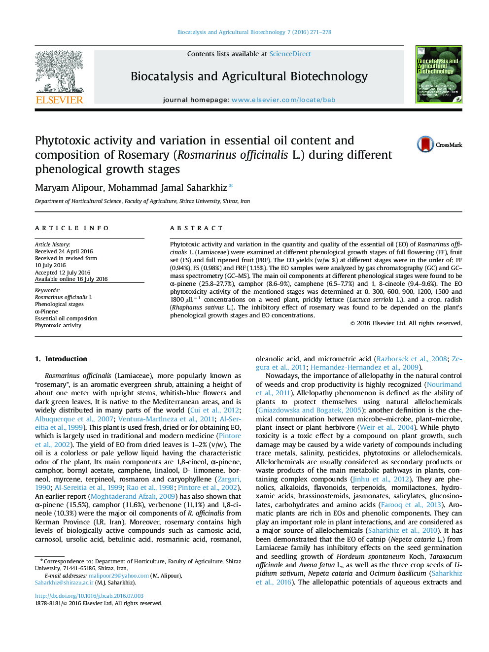 Phytotoxic activity and variation in essential oil content and composition of Rosemary (Rosmarinus officinalis L.) during different phenological growth stages