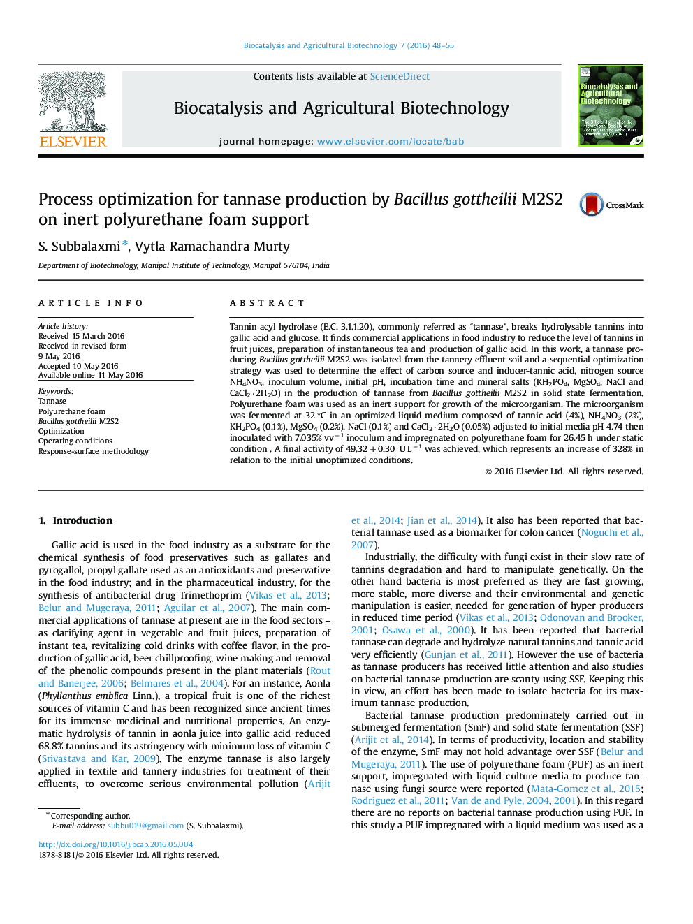 Process optimization for tannase production by Bacillus gottheilii M2S2 on inert polyurethane foam support