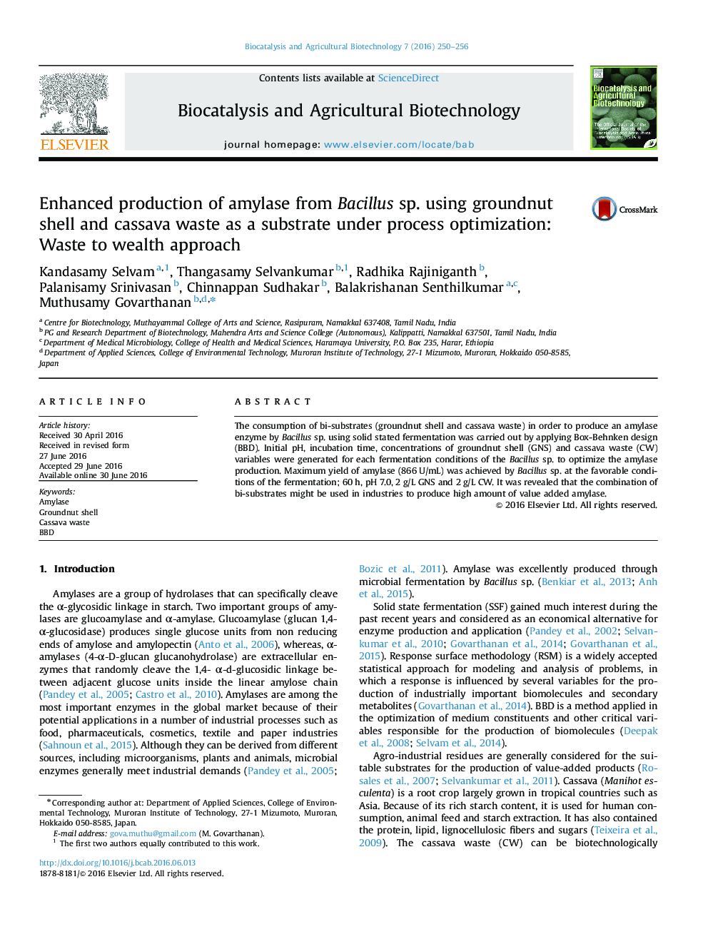 Enhanced production of amylase from Bacillus sp. using groundnut shell and cassava waste as a substrate under process optimization: Waste to wealth approach