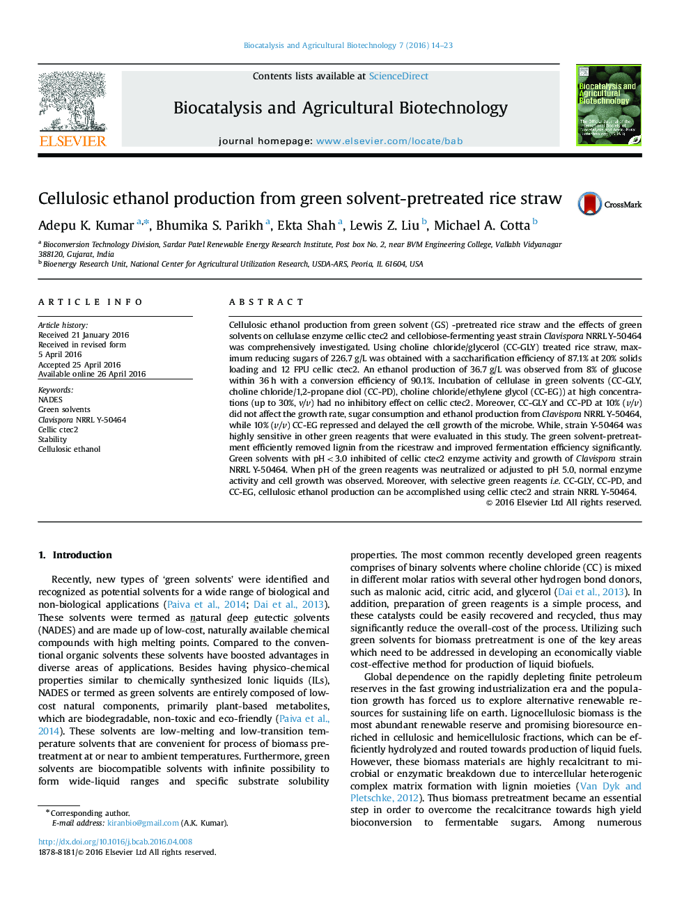 Cellulosic ethanol production from green solvent-pretreated rice straw