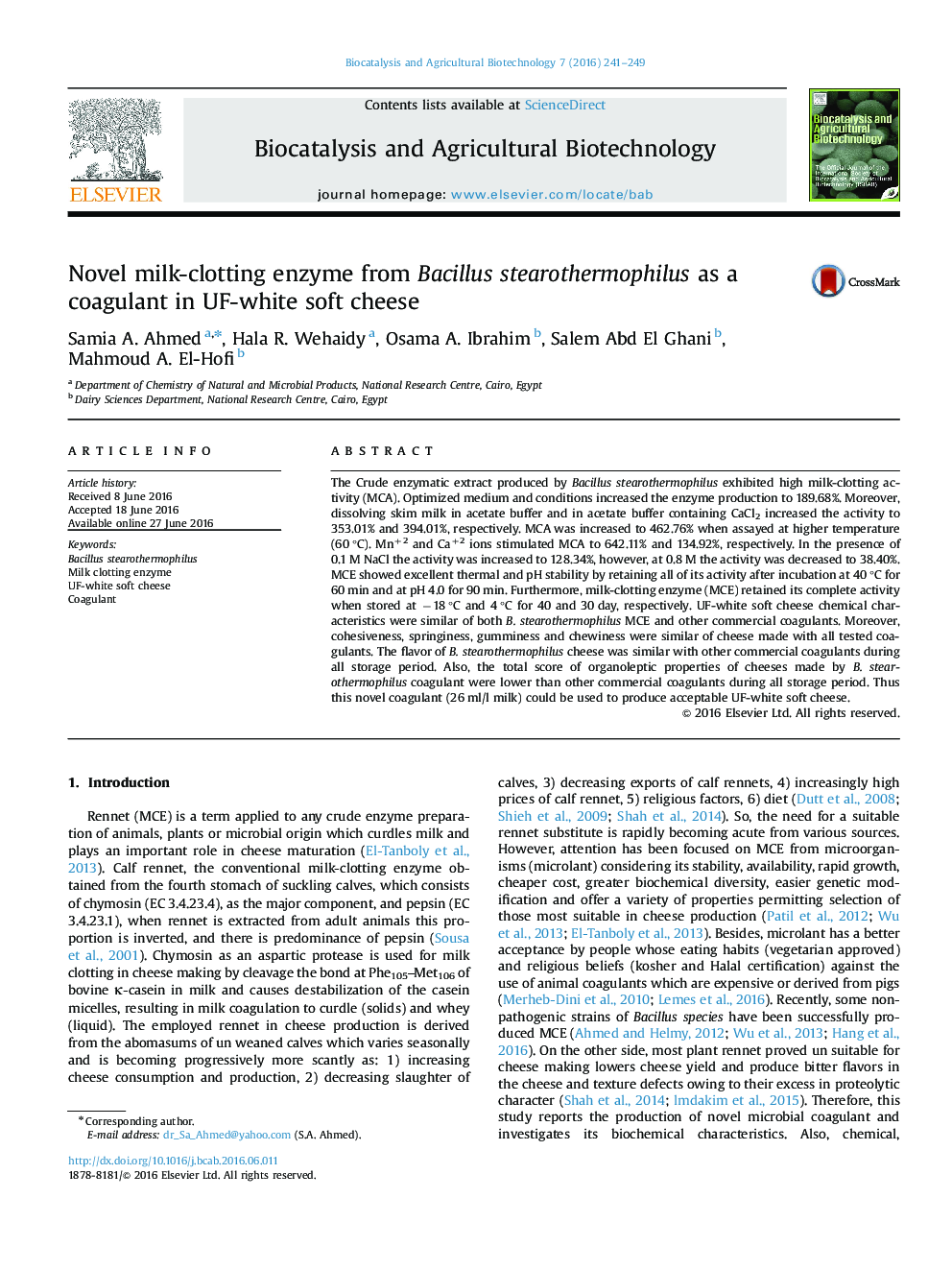 Novel milk-clotting enzyme from Bacillus stearothermophilus as a coagulant in UF-white soft cheese