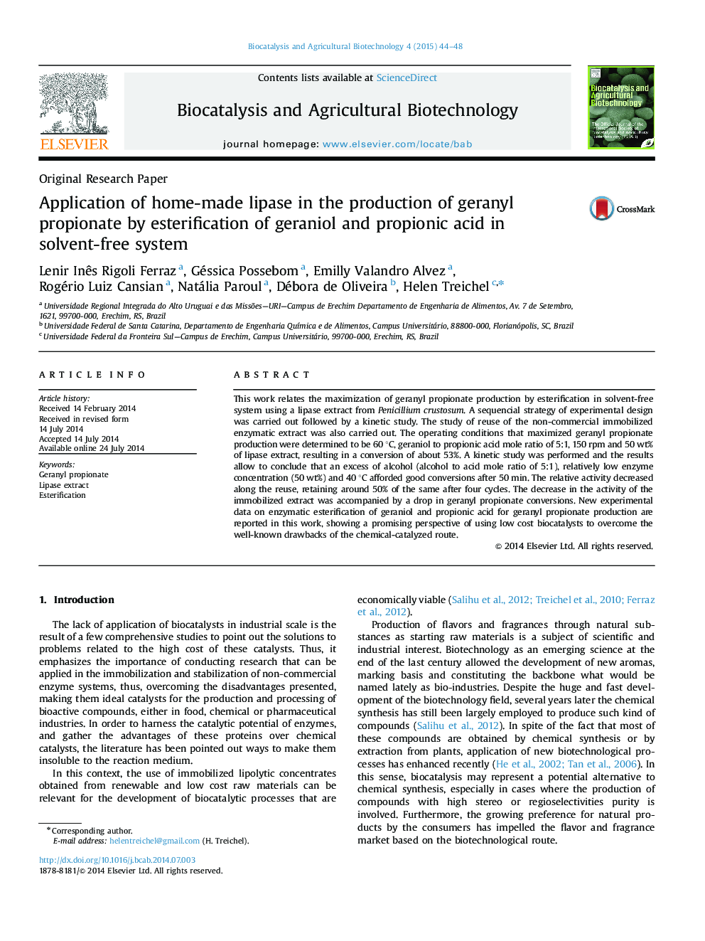 Application of home-made lipase in the production of geranyl propionate by esterification of geraniol and propionic acid in solvent-free system